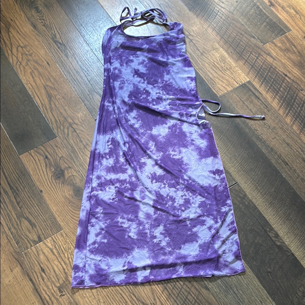 Purple Tie-Dye Halter Neck Mesh Swimsuit Cover-up Dress with side Ruching Sz XL
